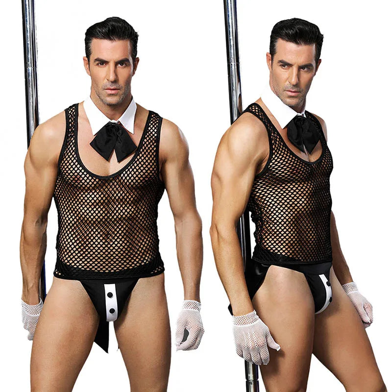 Men Alluring Waiter Bodysuit Lingerie Set Lace Erotic