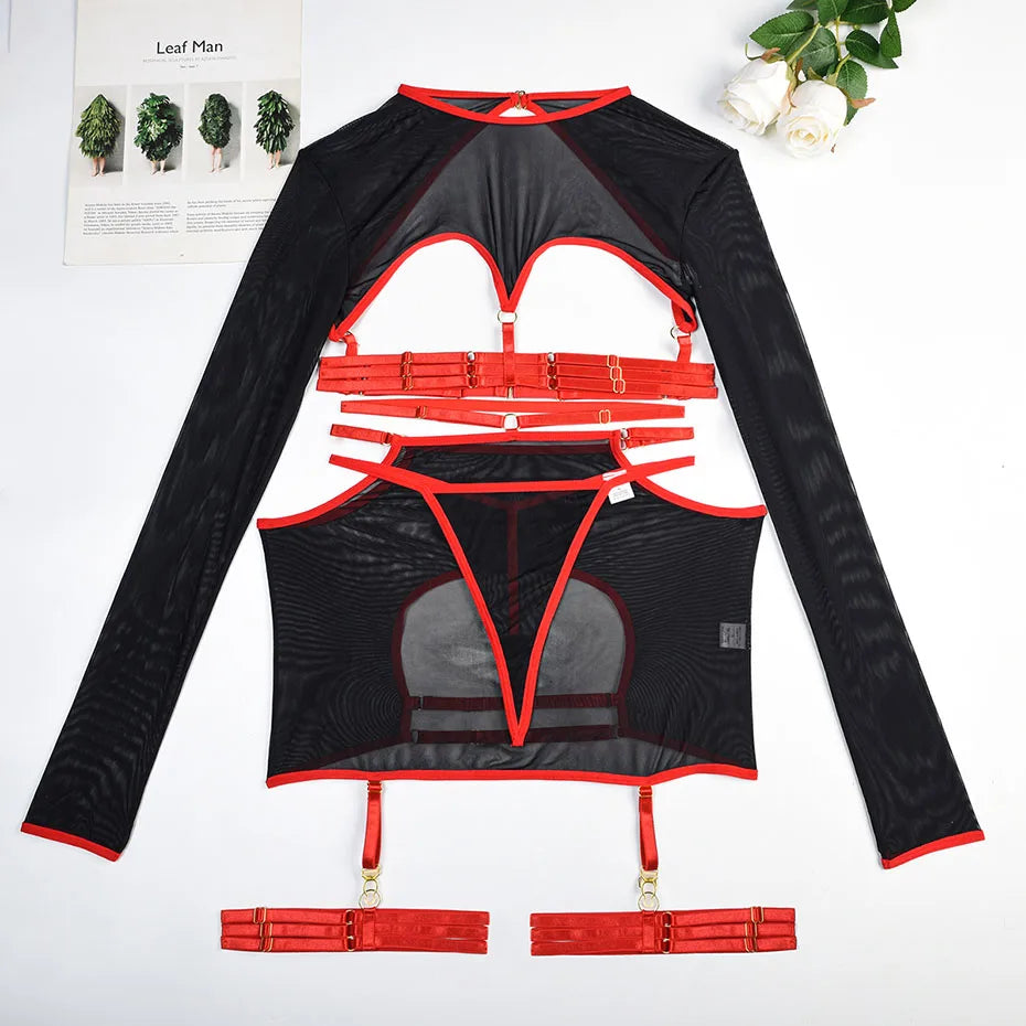 Women Red Thermal Underwear Set Backless Bondage Top & Skirt