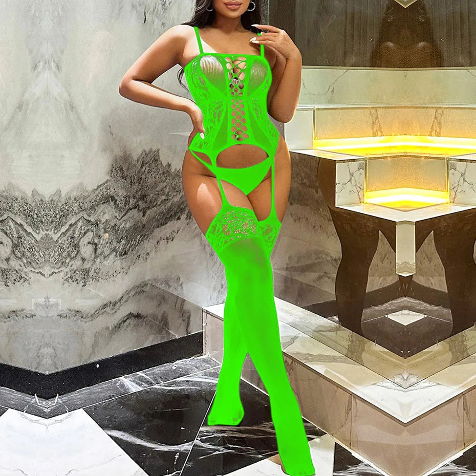 Alluring Fishnet Bodysuit Open Crotch Teddy Stockings