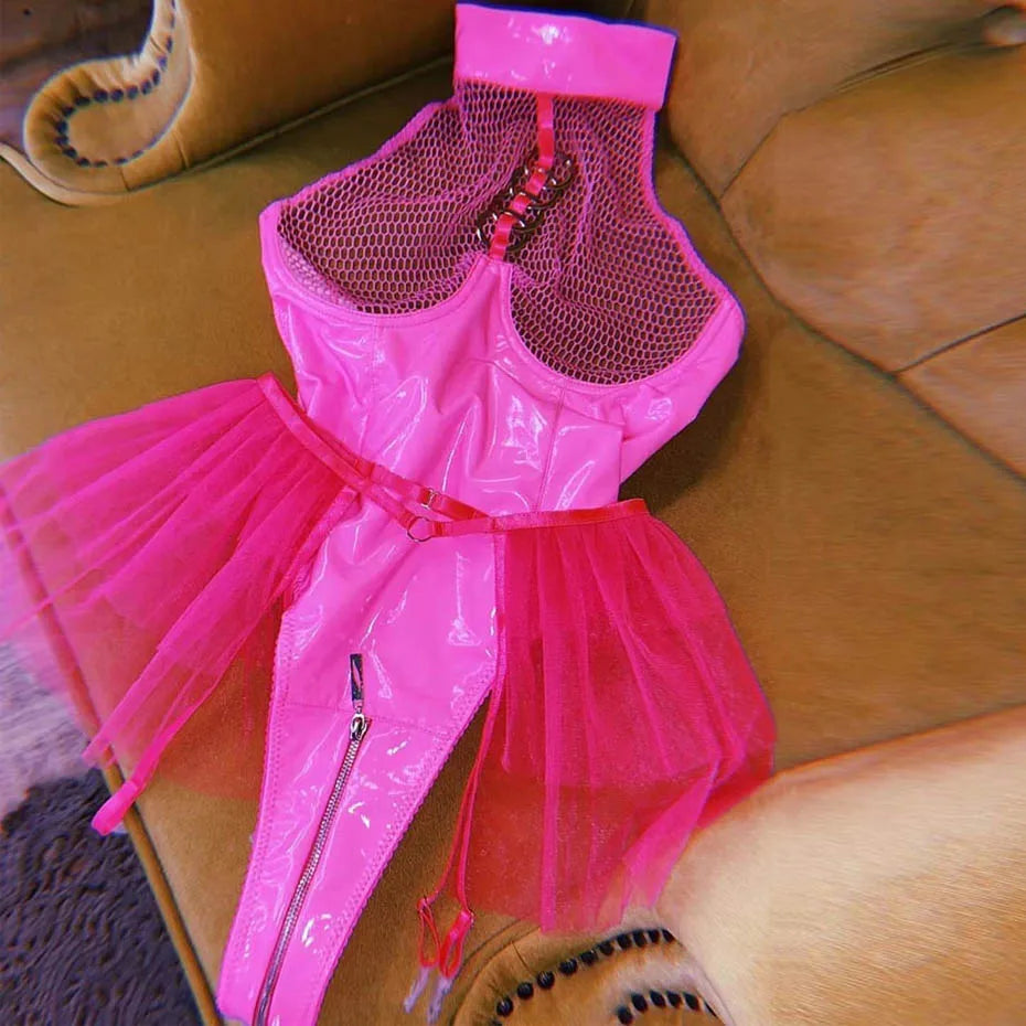 Alluring Black Leather Bodysuit Lingerie Lace Poncho Skirt