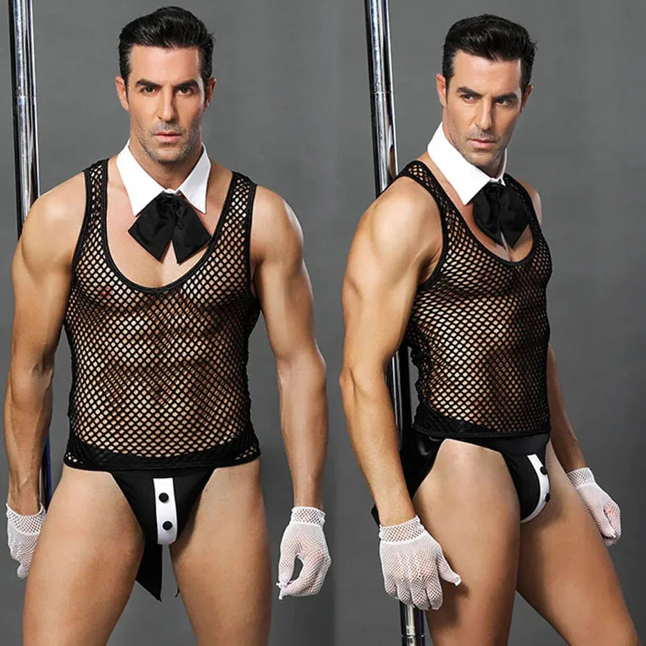 Alluring Waiter Cosplay Set With Chain And Leather Pants