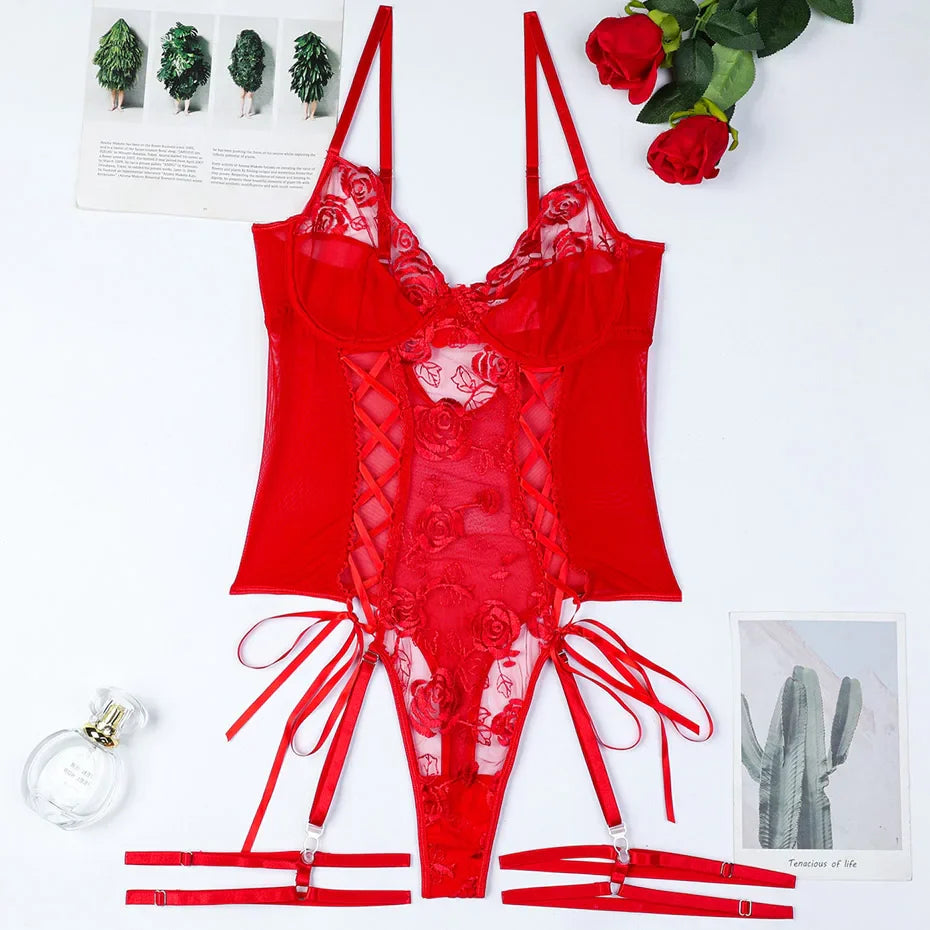 Red Lace Bodysuit Alluring Transparent Lingerie For Women