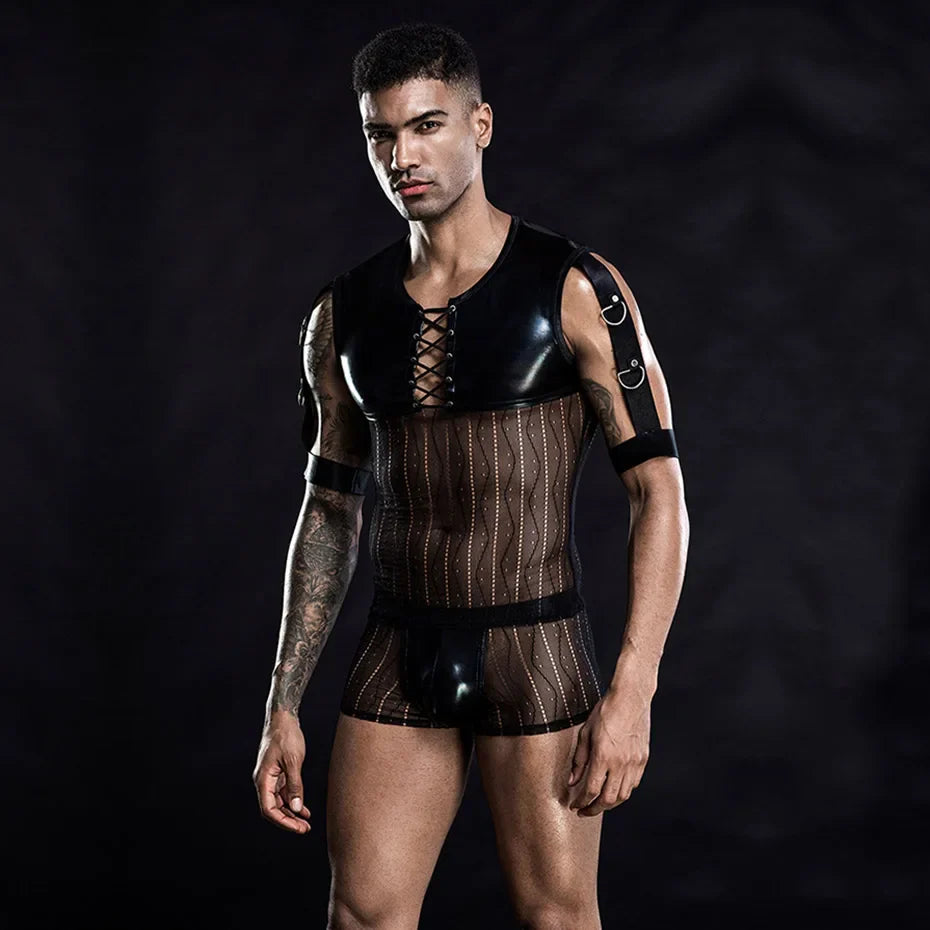 Alluring Waiter Uniform Cosplay Lingerie Set Black Leather