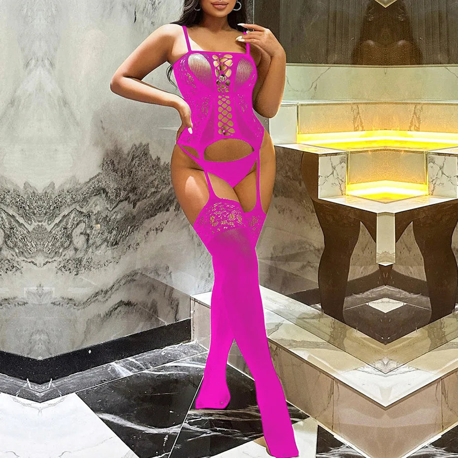 Alluring Fishnet Bodysuit Open Crotch Teddy Stockings