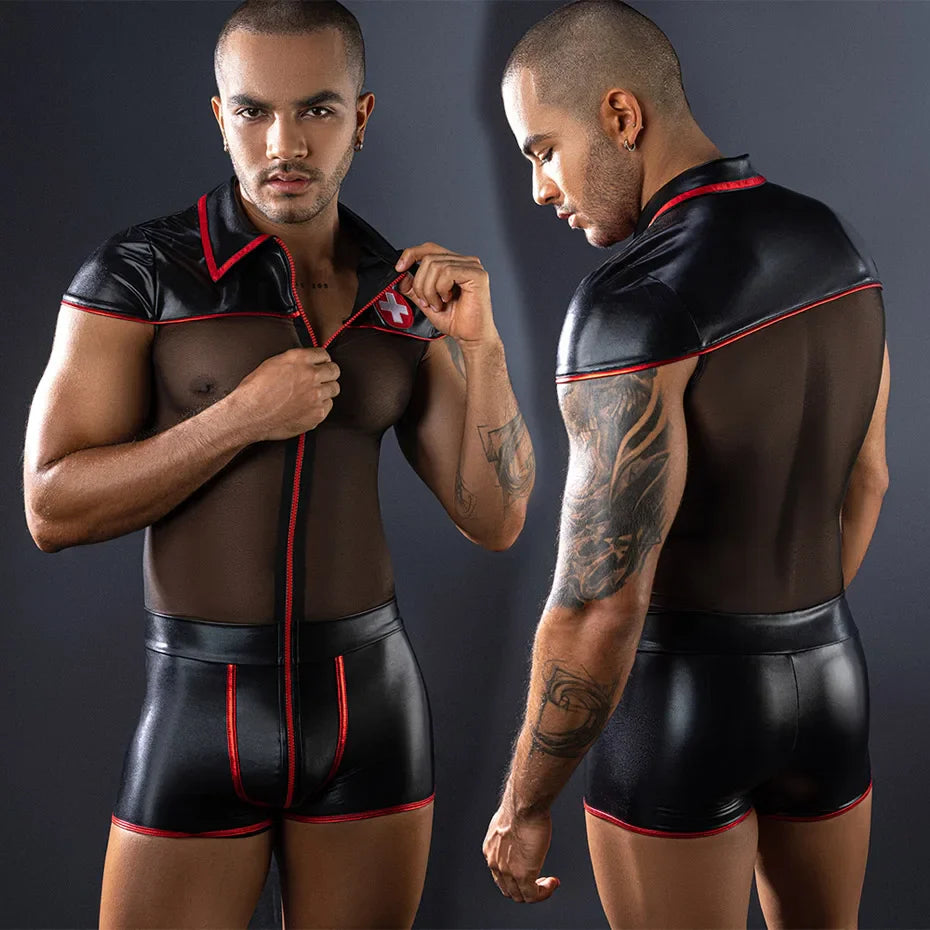 Men Alluring Lace Bodysuit Transparent Nightwear For Erotic