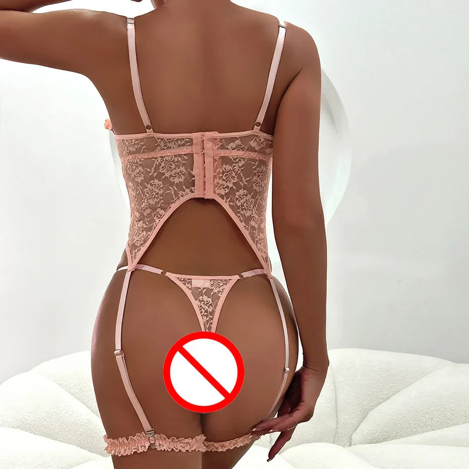 Embroidered Lace Bodysuit & Panty Set Pink Lingerie