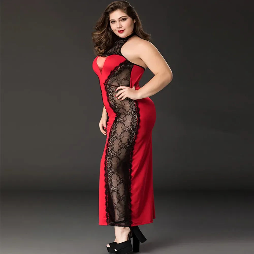 Alluring Lace Babydoll Nightgown Set Plus Size Red Lingerie