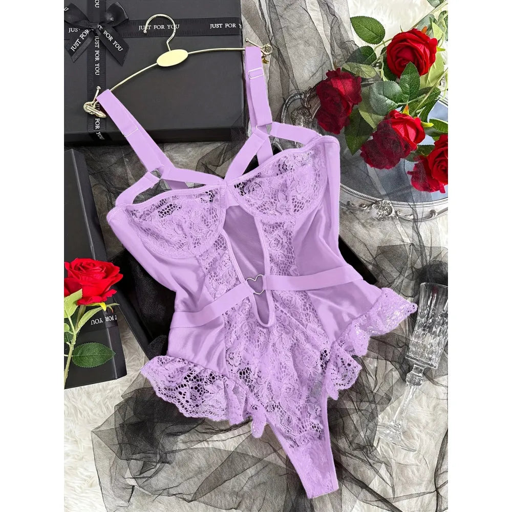 Lace Garter Thong Bodysuit Ruffle Trim