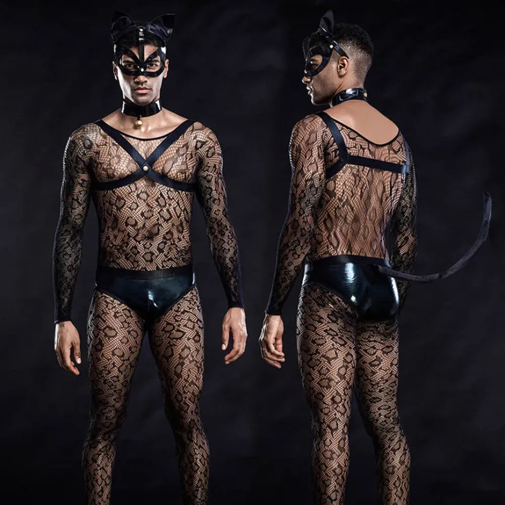 Men Fishnet Bodysuit & Lingerie Set Alluring Cat Cosplay